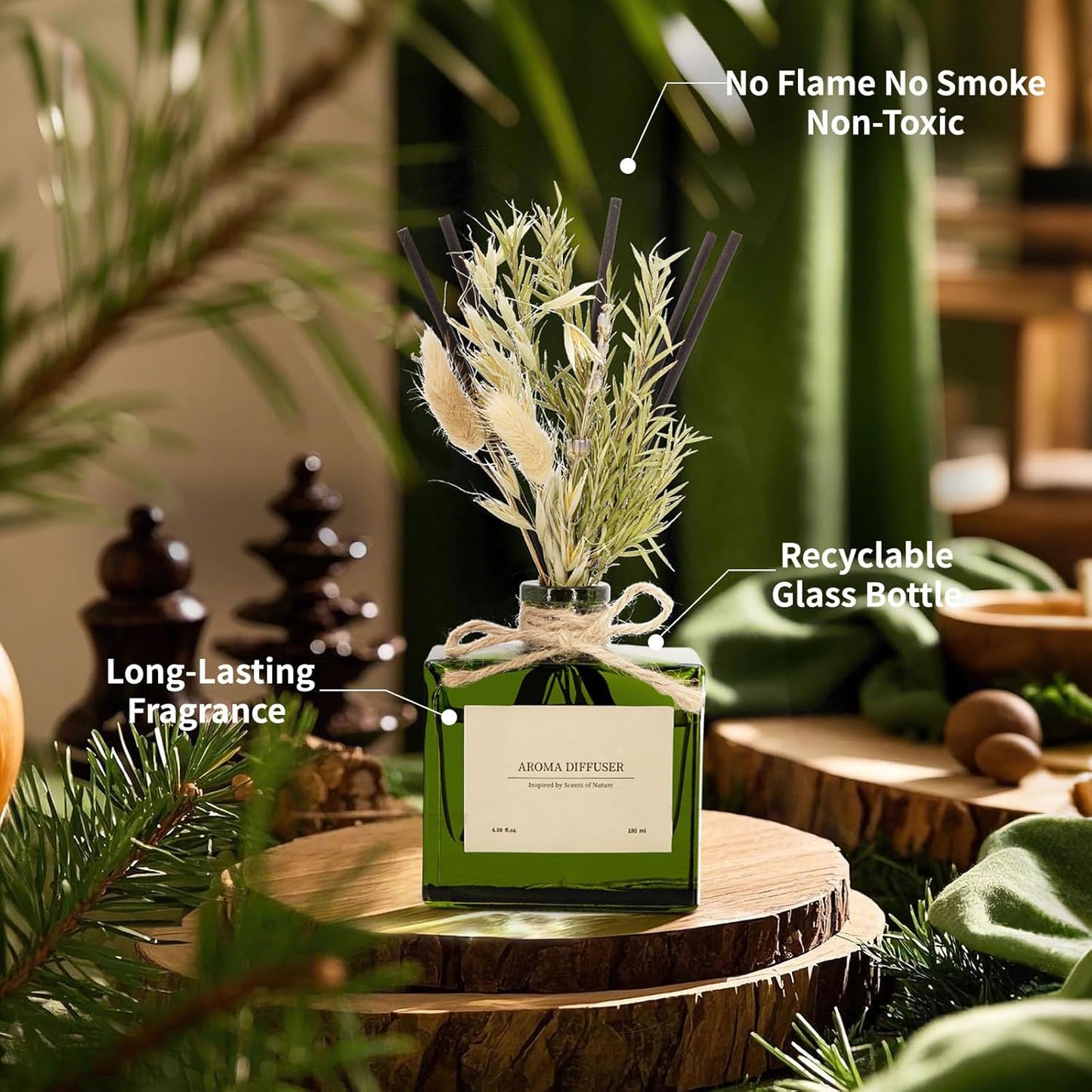 Reed Diffuser, 6.09 oz Earthy Sandalwood Scent Diffuser with Sticks & Dried Flowers, 120 Days Long Lasting diffusers for Home, Elegant Fragrance for Bathroom Bedroom Office Decor Air Fresh