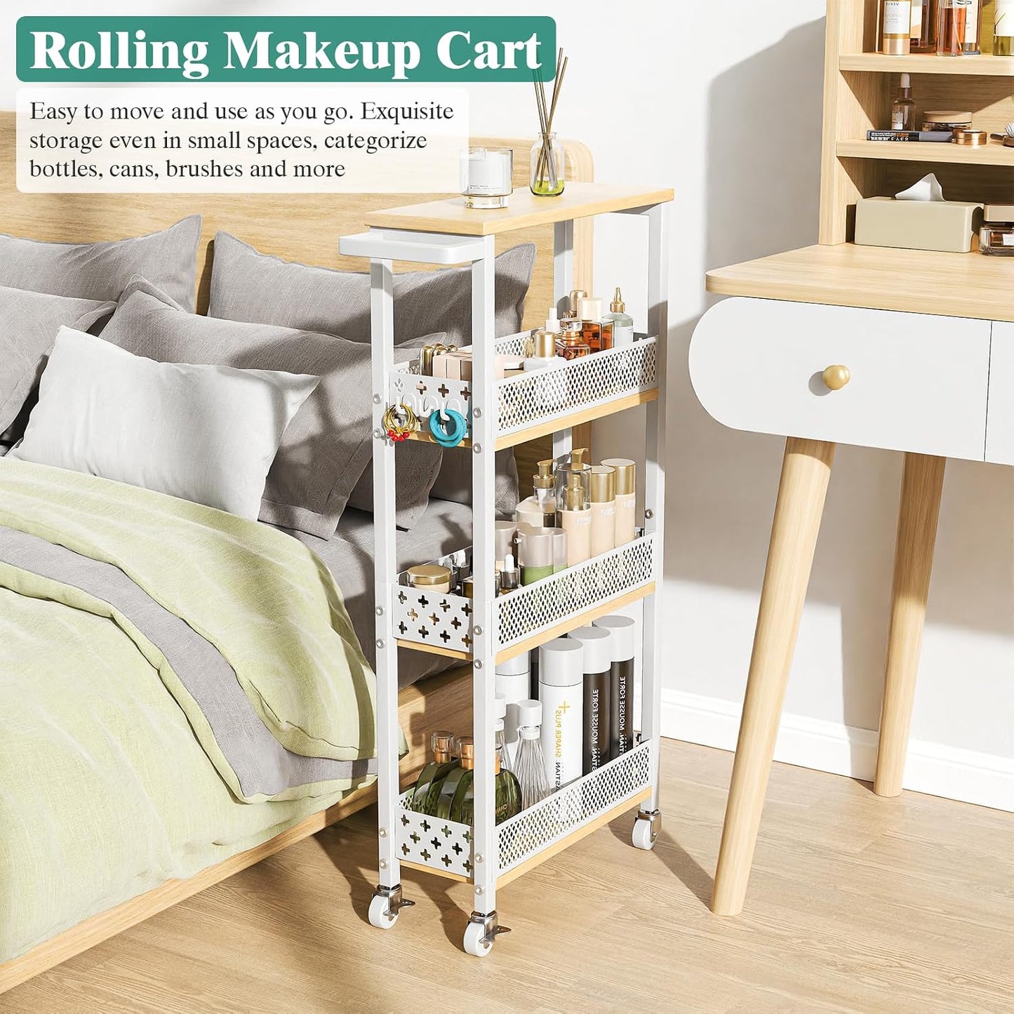 Giwil 4-Tier Slim Rolling Storage Cart for Kitchen Bathroom Organizer, Mobile Narrow Storage Cabinet Utility Cart with Wood Rack on Wheels for Pantry Laundry Small Space