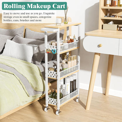 Giwil 4-Tier Slim Rolling Storage Cart for Kitchen Bathroom Organizer, Mobile Narrow Storage Cabinet Utility Cart with Wood Rack on Wheels for Pantry Laundry Small Space