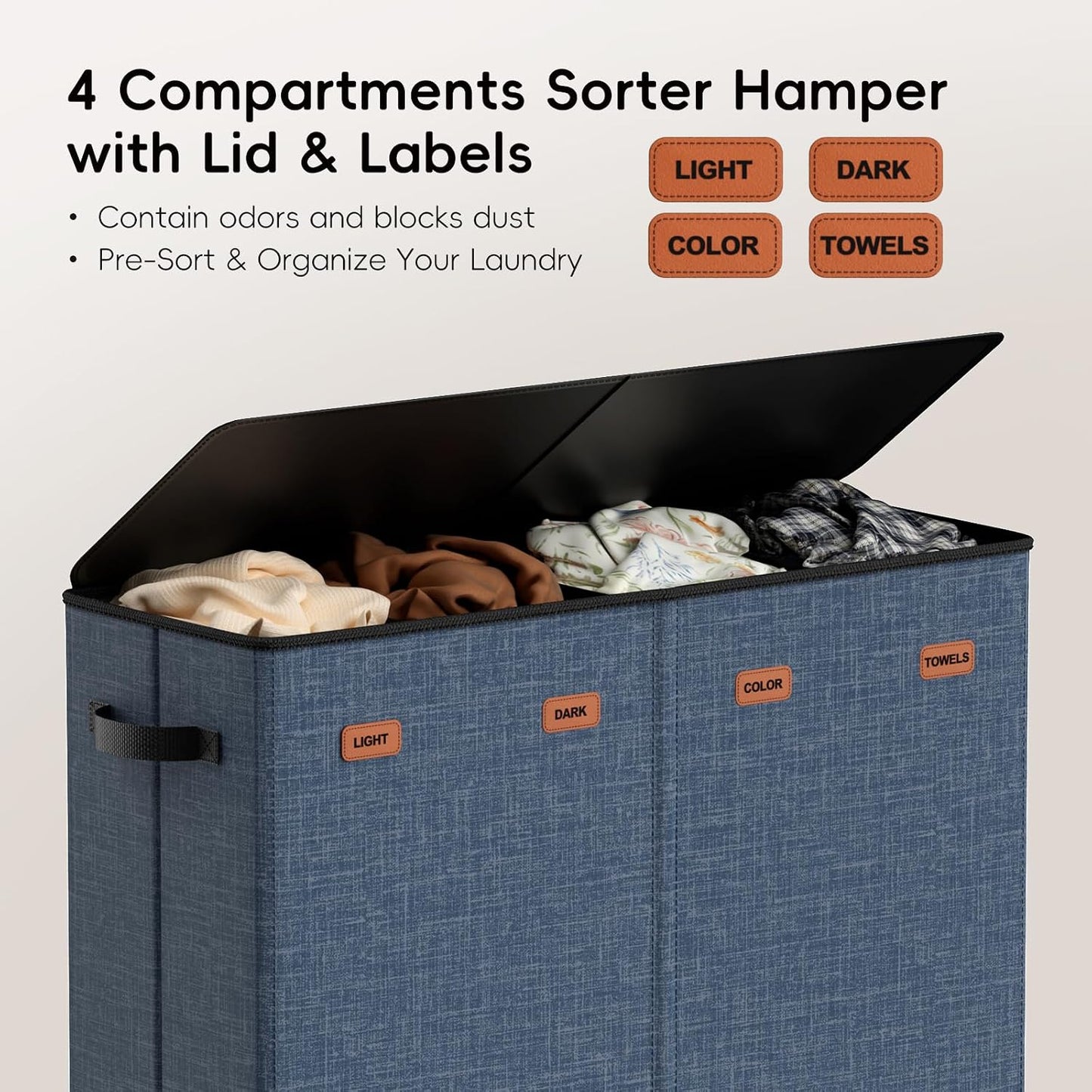 185L Laundry Hamper 3 Section, Laundry Hamper with Lid, Dirty Clothes Hamper with 3 Removable Washing Bags, Extra Large Laundry Basket Organizer for Bedroom, Laundry Room, Dorm - Black