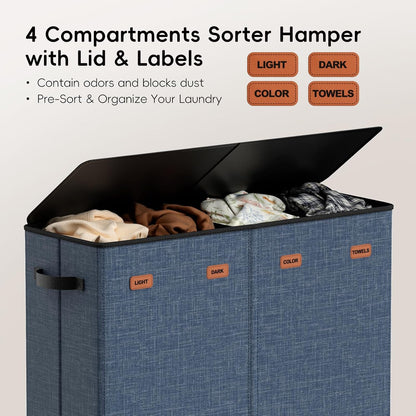185L Laundry Hamper 3 Section, Laundry Hamper with Lid, Dirty Clothes Hamper with 3 Removable Washing Bags, Extra Large Laundry Basket Organizer for Bedroom, Laundry Room, Dorm - Black