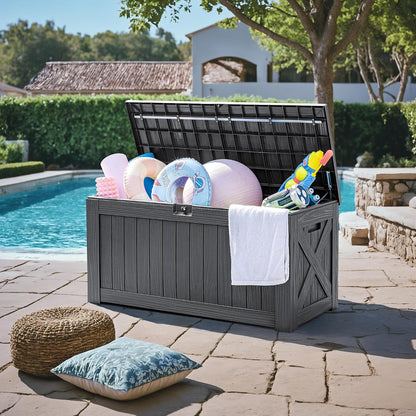 Greesum 120 Gallon Deck Box, Resin Outdoor Storage Container for Patio Furniture, Garden Tools, Pool Accessories, Weatherproof, Lockable, Black