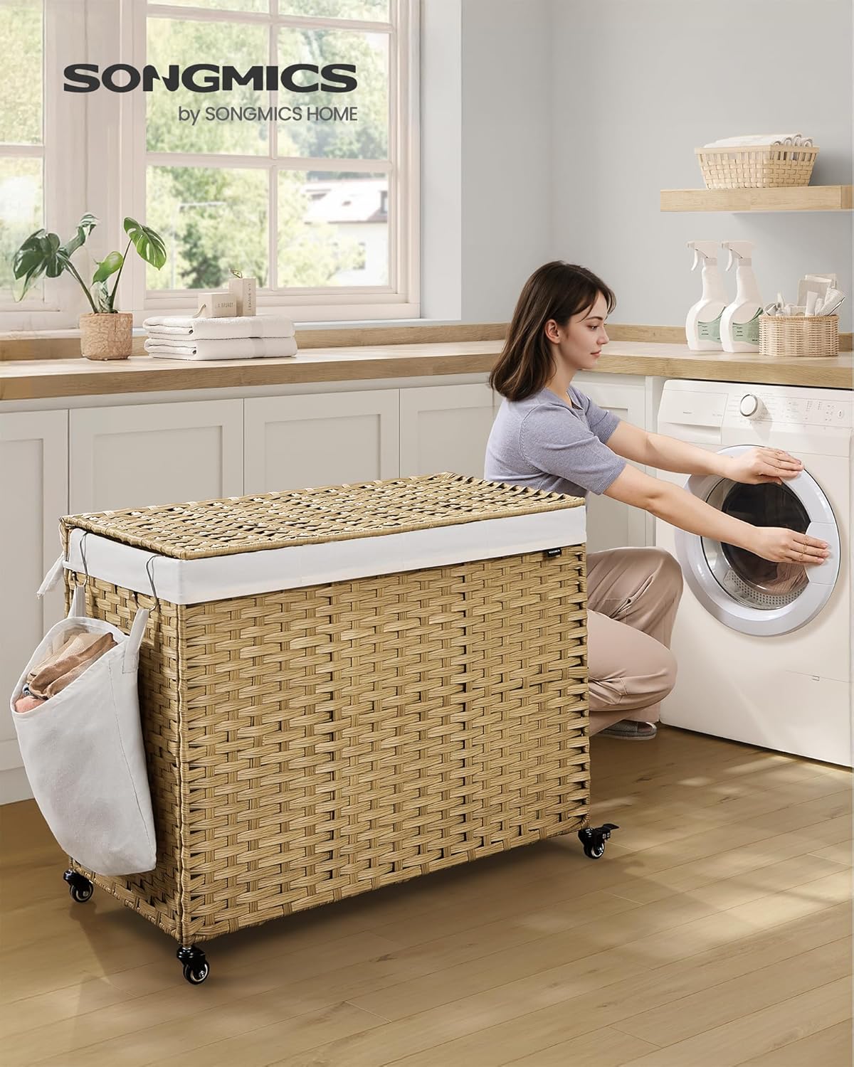 SONGMICS Laundry Hamper with Lid, 37 Gallons (140 L), Rolling Laundry Basket with Wheels, 3-Section Synthetic Rattan, Removable Liner, Bedroom, 26 x 13 x 26 Inches, Gray ULCB363G01