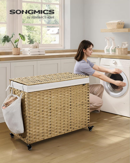 SONGMICS Laundry Hamper with Lid, 37 Gallons (140 L), Rolling Laundry Basket with Wheels, 3-Section Synthetic Rattan, Removable Liner, Bedroom, 26 x 13 x 26 Inches, Gray ULCB363G01