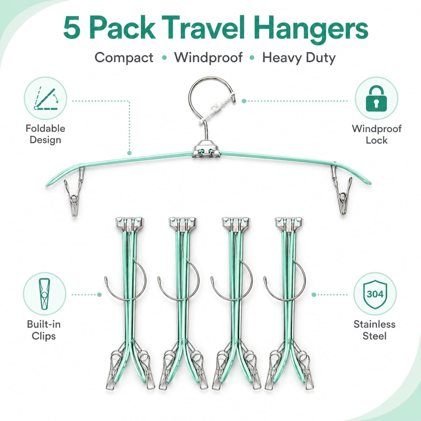 ROOM127 Travel Hangers with Clips, 5 Pack Foldable Stainless Steel Hangers | Windproof Non-Slip Portable Clothes Hangers for Cruise, Camping, RV, Hotel, Suitcase, Silver