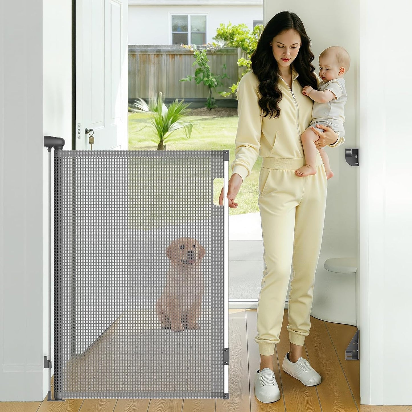 Retractable Baby Gate, 38" Extra Tall Mesh Dog Gate with Auto-Tension Design, 71" Wide One-Hand Operation Doorway Gates for Pets & Babies, No Bottom Rail Safety Gate for Hallways, Black