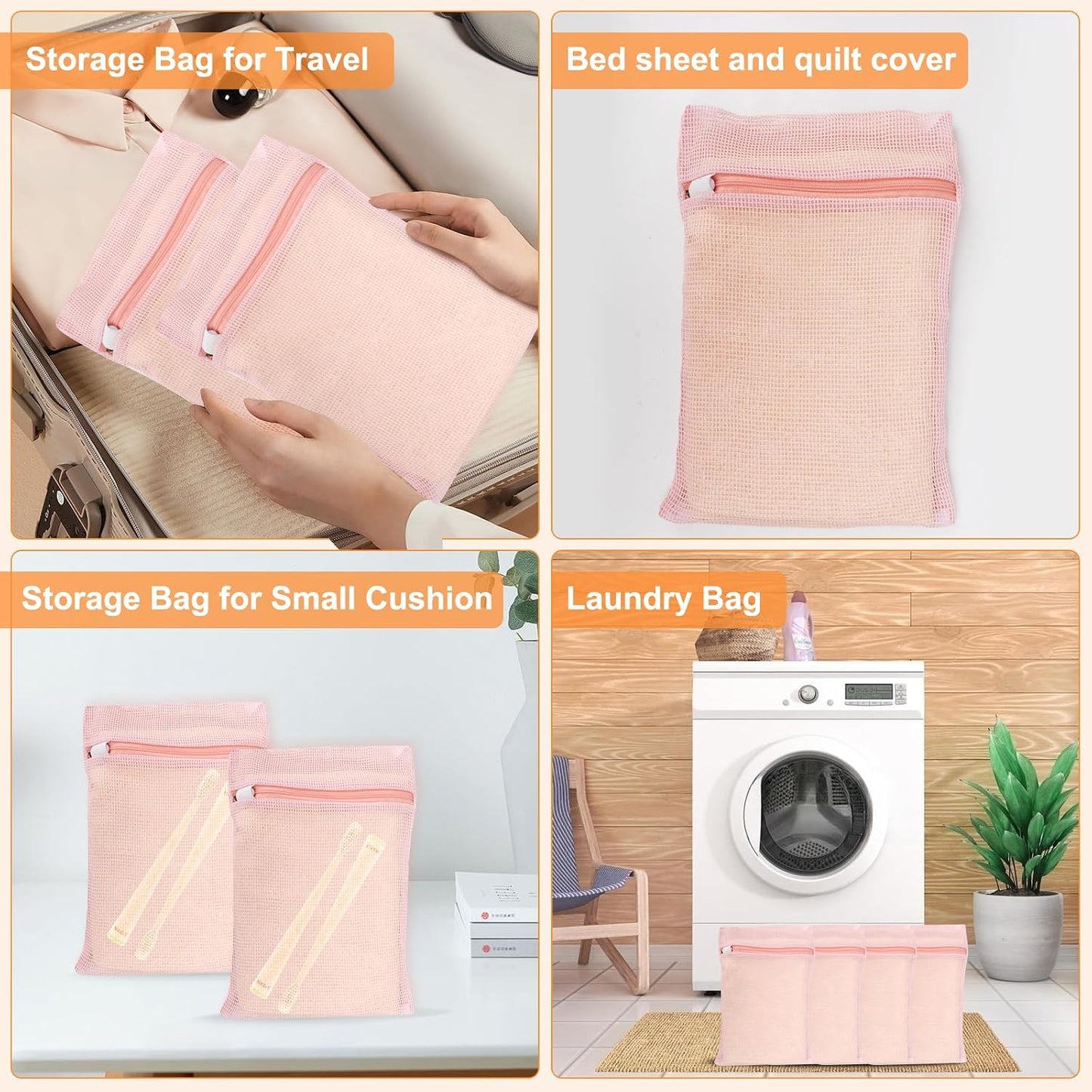 4-Piece Pink Medium Durable Organic Cotton Mesh Laundry Bags with Sturdy Zippers and Breathable Mesh are Delicate Laundry Bags for Underwear, Clothes, Pants and Socks