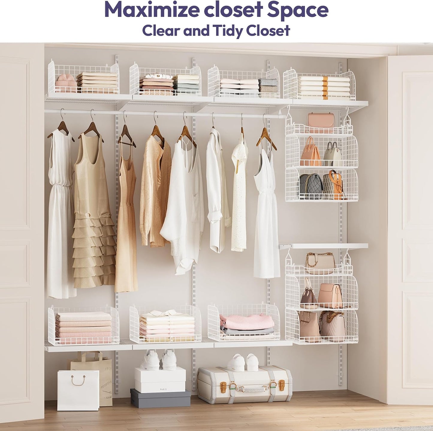 SWTYMIKI Hanging Closet Organizer Storage - 3 Tier Metal Stackable Hanging Closet Shelves with Dividers and S Hooks, Foldable Clothes Shelves for Clothes, Pants, Shoes, Coat, Hats Clutches Accessories
