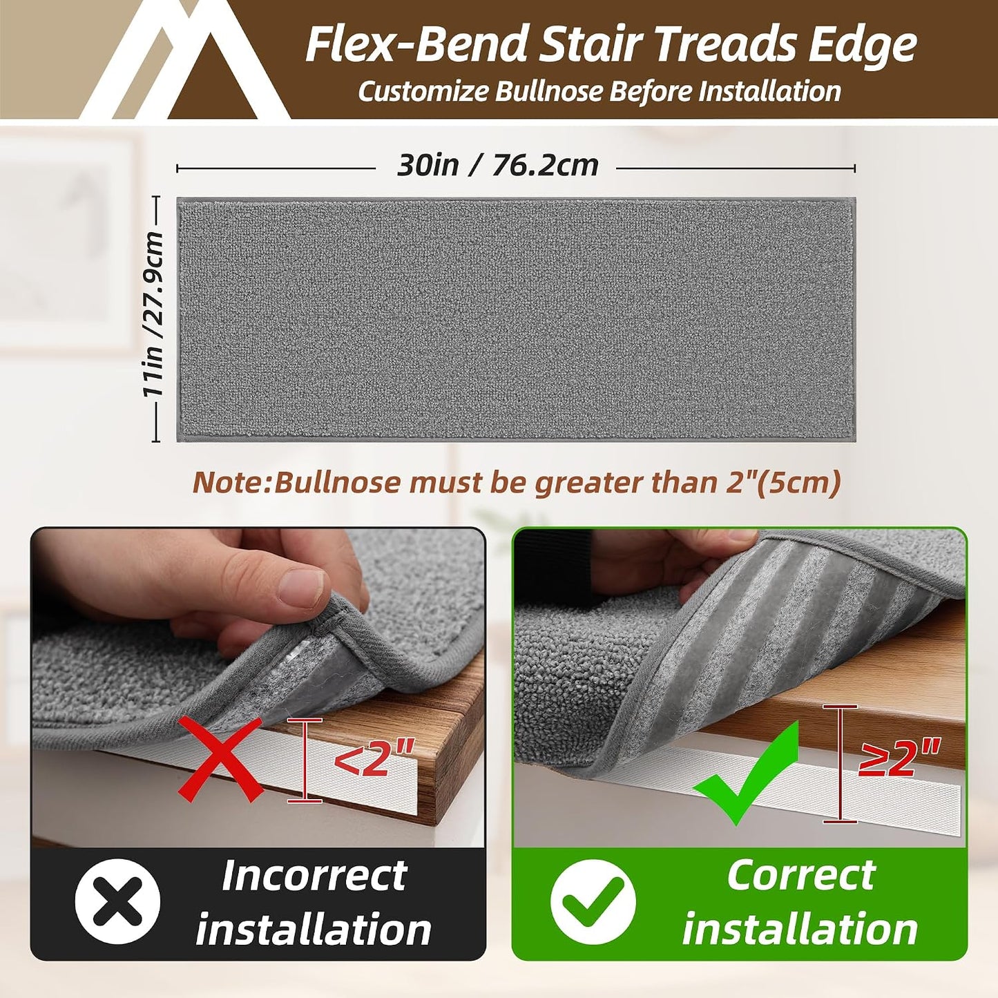 COSY HOMEER Bullnose Carpet Stair Treads, Peel and Stick Non-Slip Stair Treads for Wooden Steps, 11" x 30" Indoor Stair-Runner Rugs (4Pc, Gray)