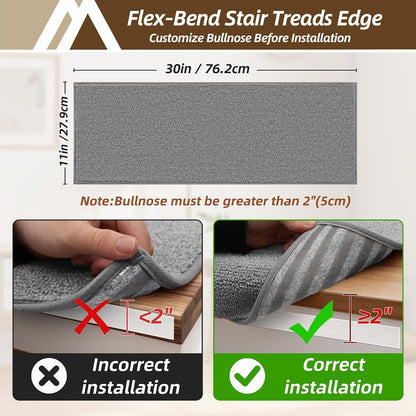 COSY HOMEER Bullnose Carpet Stair Treads, Peel and Stick Non-Slip Stair Treads for Wooden Steps, 11" x 30" Indoor Stair-Runner Rugs (4Pc, Gray)