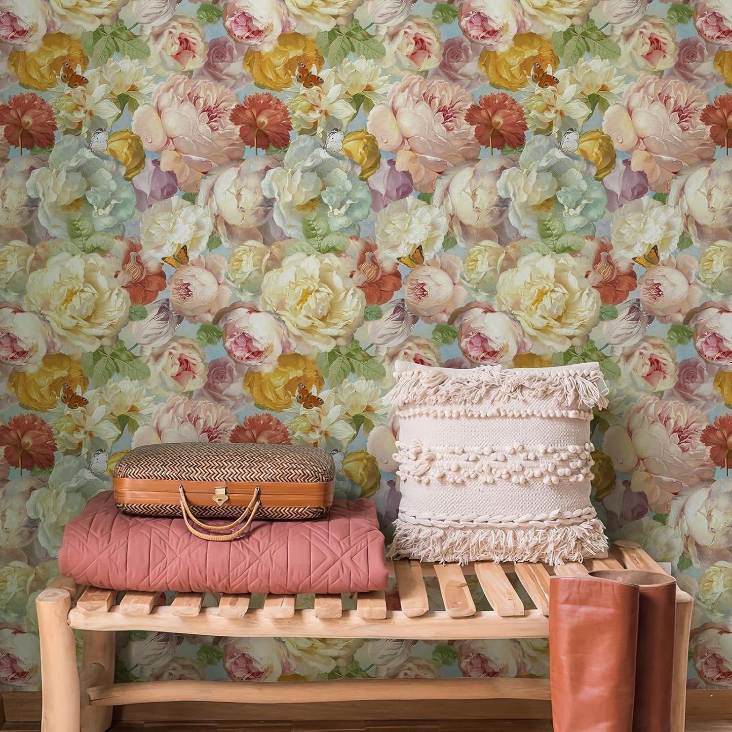 Simon&Siff Floral Peel and Stick Wallpaper 17.3"x80" Pink Watercolor Flowers Wall Murals Removable Wall Paper for Bedroom Bathroom Cabinet Renter Friendly