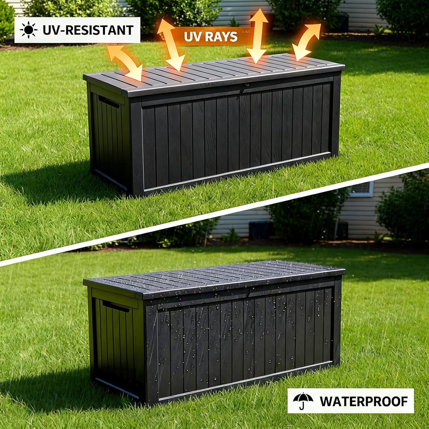 MAKINO 152 Gallon Resin Outdoor Storage Box, Waterproof Deck Box with Lockable Lid, Outside Storage Box for Patio Furniture, Pool Accessories, Garden Tools, Storage Bench for Backyard, Porch, Black