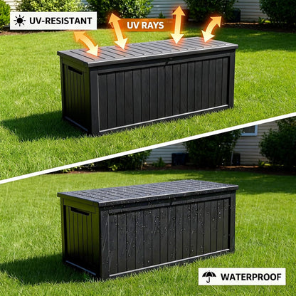 MAKINO 152 Gallon Resin Outdoor Storage Box, Waterproof Deck Box with Lockable Lid, Outside Storage Box for Patio Furniture, Pool Accessories, Garden Tools, Storage Bench for Backyard, Porch, Black