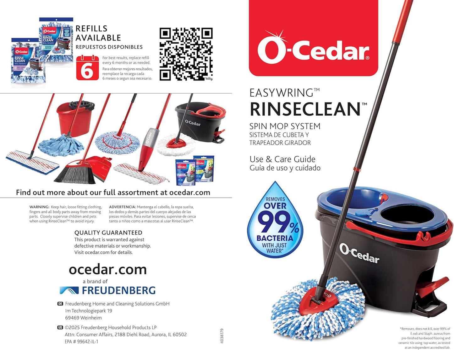 O-Cedar RinseClean Spin Mop & Bucket System + 2 Extra Mop Heads | Clean with Water | Removes 99% of Bacteria