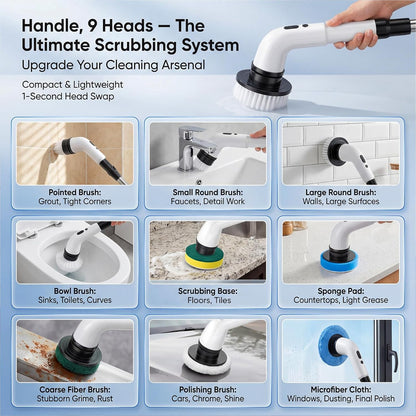 Electric Spin Scrubber, Cordless Power Scrubber for Bathroom/Shower/Tub/Tile & Grout, 9 Brush Heads, Dual-Speed, Adjustable Extension Handle, IPX7 Waterproof, USB-C Rechargeable Cleaning Tool (White)
