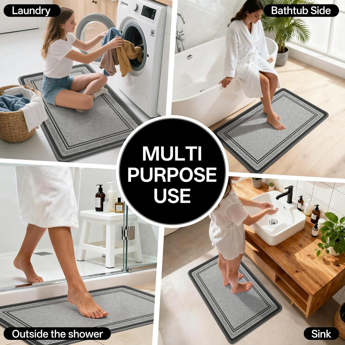 Non Slip Bath Mat with Rubber Backing, Absorbent Quick Dry Bath Rugs Washable, Thin Bathroom Rugs Fit Under Door for Bathroom Floor, Shower and Sink, 16"×24", Grey