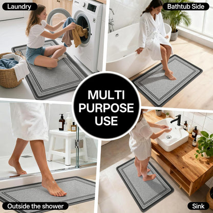 Non Slip Bath Mat with Rubber Backing, Absorbent Quick Dry Bath Rugs Washable, Thin Bathroom Rugs Fit Under Door for Bathroom Floor, Shower and Sink, 16"×24", Grey