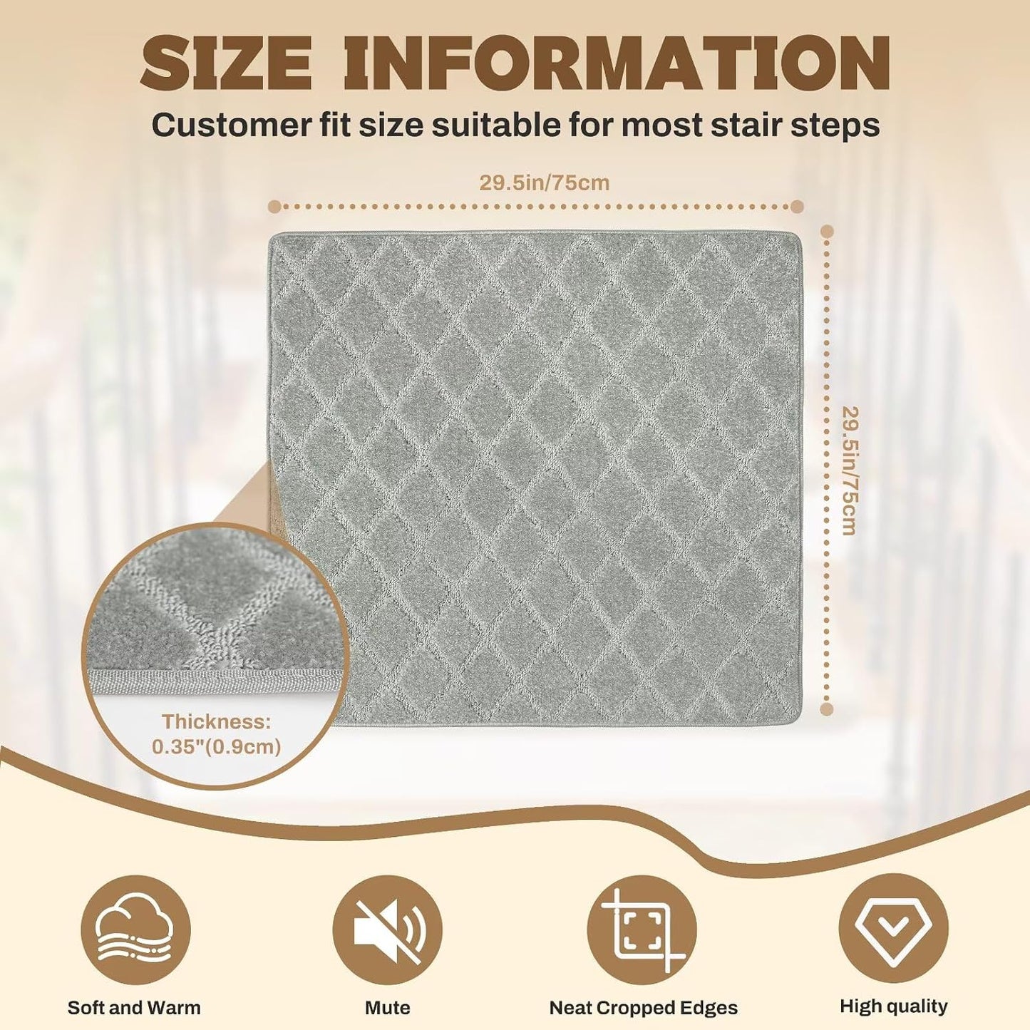 DEXDE Bullnose Stair Treads for Wooden Steps Non-Slip Stair Runner, 14 Pcs | Reusable bullnose carpet Stair Treads Indoor, Peel and Stick Stair Rugs with Edge Protection, Soft Washable, 30"x9.5" Grey