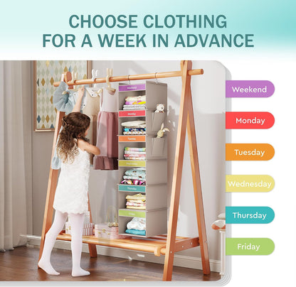 YOUDENOVA 6-Shelf Weekly Hanging Closet Organizer, Weekly Clothes Organizers for Kids with 2 Side Pockets, Pink