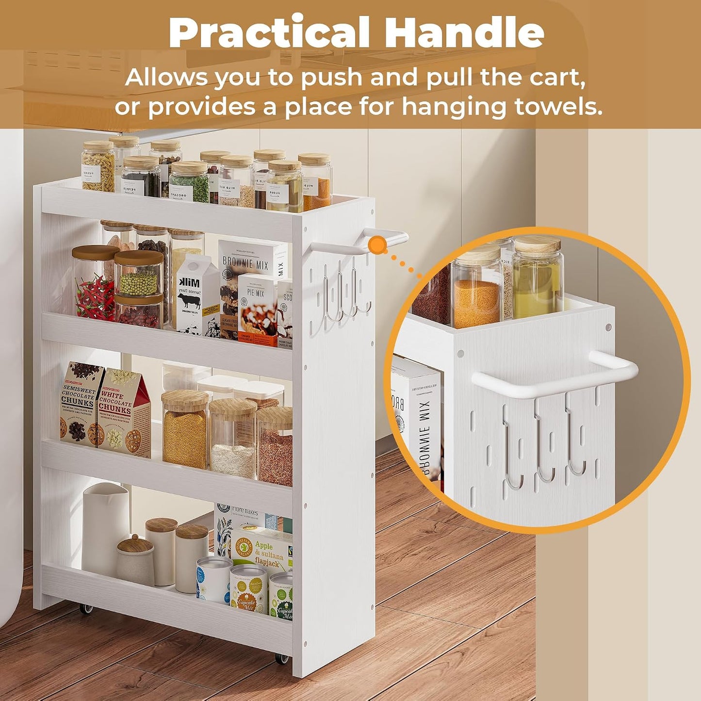 LIKIMIO 4 Tier Slim Storage Cart with Hooks, Wheels, Handle, Slide-Out Rolling Utility Cart for Small Spaces Kitchen, Narrow Mobile Shelving Unit Organizer Trolley, 23.6" L x 9.4" W