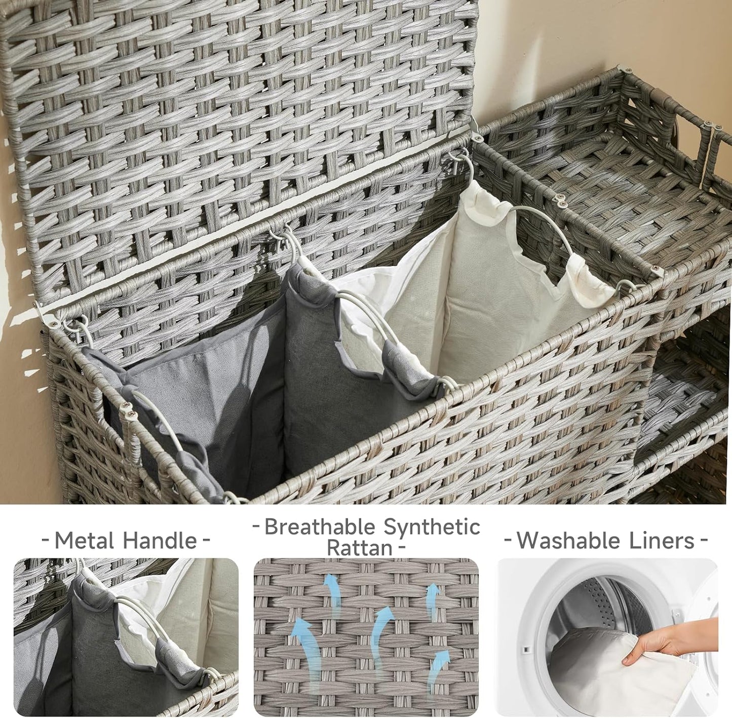 Laundry Hamper with Wheels, 42.3 Gal.(160 L) Laundry Sorter with Shelves, Rattan Clothes Hamper with 4 Removable Liners & 3 Mesh Bags, Handwoven Organizer for bedroom, bathroom, laundry room, Natural