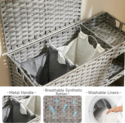 Laundry Hamper with Wheels, 42.3 Gal.(160 L) Laundry Sorter with Shelves, Rattan Clothes Hamper with 4 Removable Liners & 3 Mesh Bags, Handwoven Organizer for bedroom, bathroom, laundry room, Natural