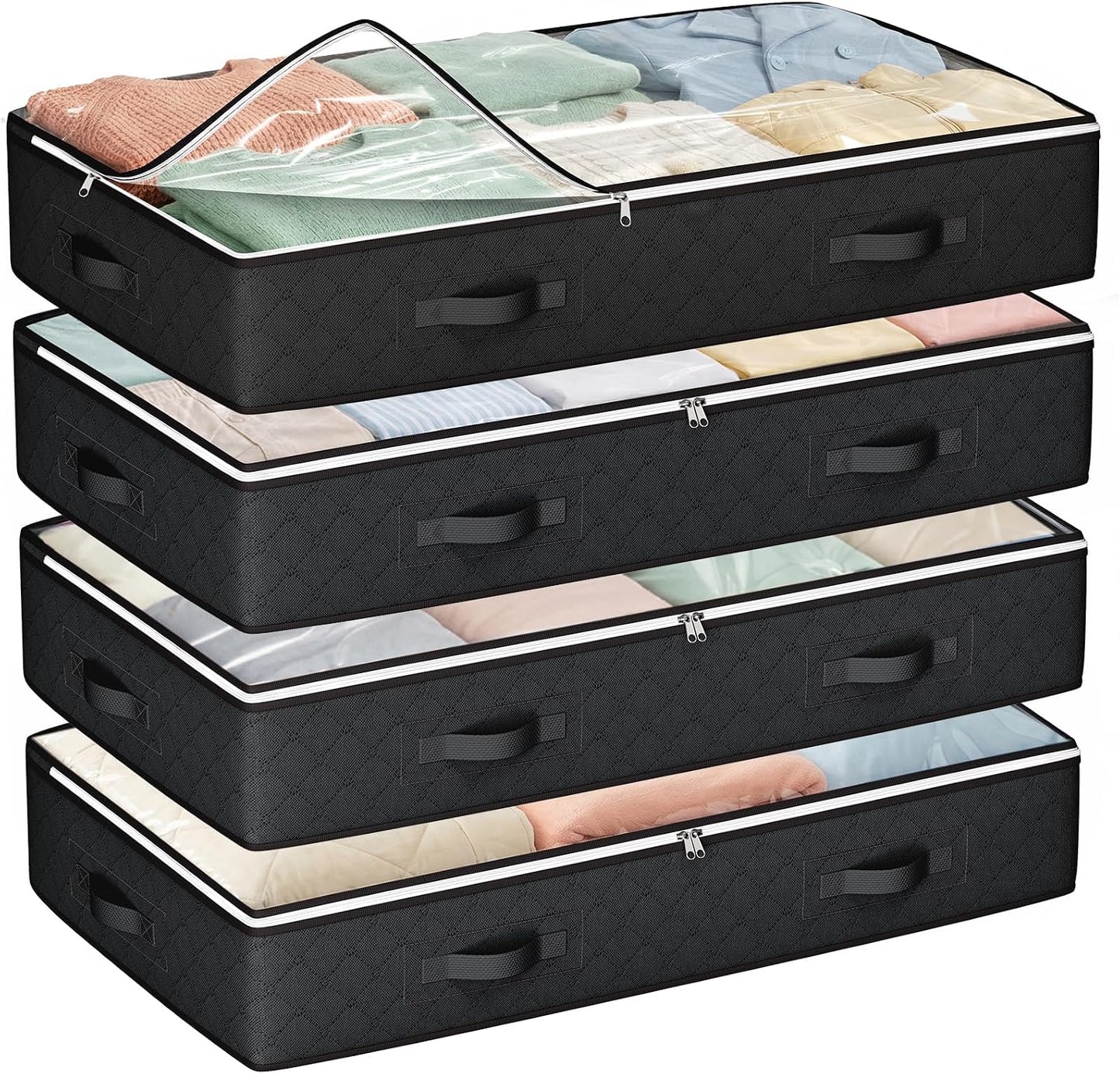 Budding Joy 90L Under Bed Storage Containers, 4 Pack Closet Organizers Grey | Foldable underbed storage bins for linen sheets, blanket, clothing, comforter, sweaters, pillows, wrapping paper