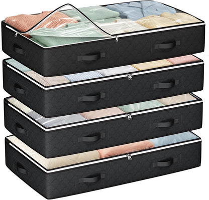 Budding Joy 90L Under Bed Storage Containers, 4 Pack Closet Organizers Grey | Foldable underbed storage bins for linen sheets, blanket, clothing, comforter, sweaters, pillows, wrapping paper