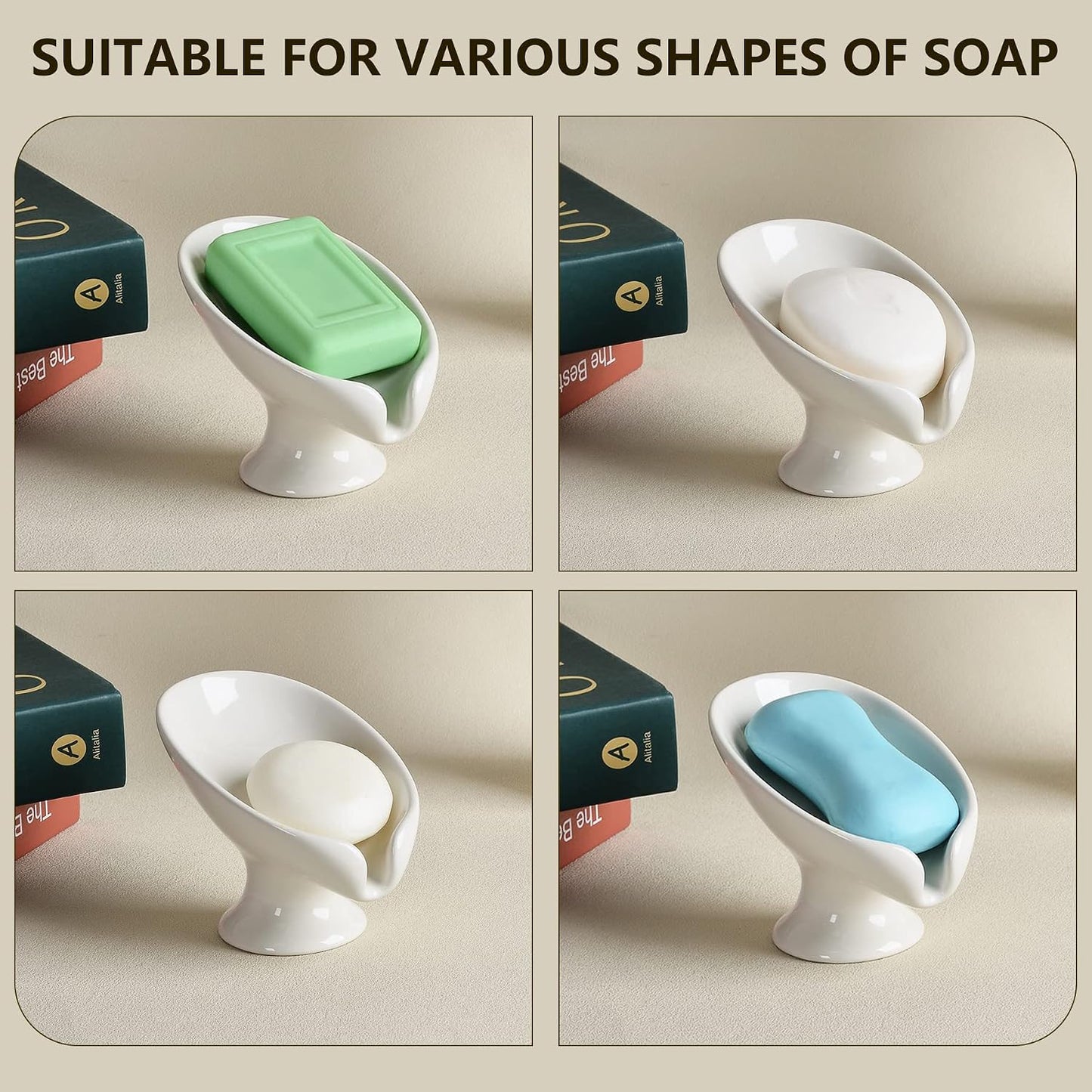 Small Soap Dish, Self Draining Bar Soap Holder for Bathroom Sink, Leaf Shaped Drainage Ceramic with Marble-Pattern Finish, Decorative Soap Dish, No Suction Cup, ANTIS'S HOME