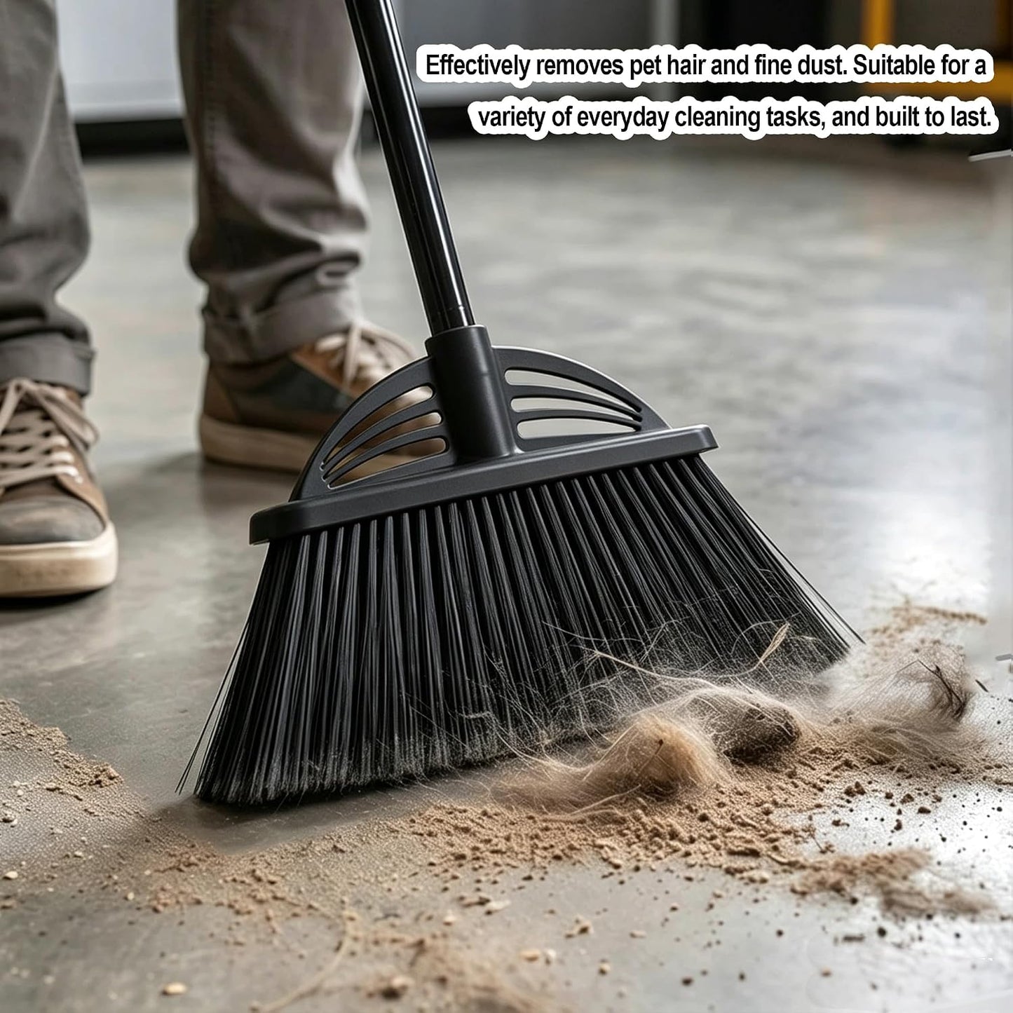 Heavy Duty Broom - 55 Inch Adjustable Long Handle Broom with EVA Soft Grip (Black)