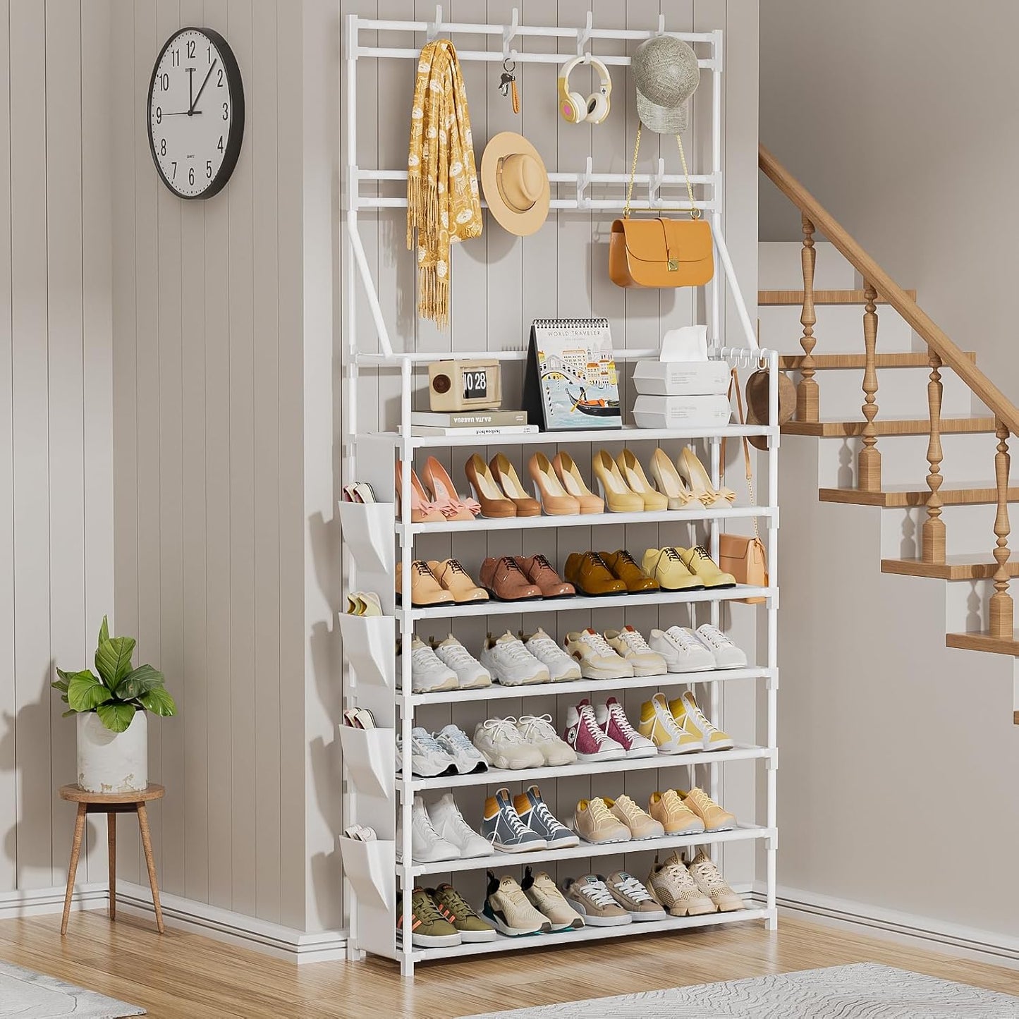 OYREL Shoe Rack, 5 Tier Shoes Storage Organizer, with Functional Hooks and Side Pocket, 20-25 Pairs, for Closet/Entrance/Entryway, Sneaker and Boot Stackable Free Standing Shoe Rack