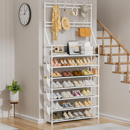 OYREL Shoe Rack, 5 Tier Shoes Storage Organizer, with Functional Hooks and Side Pocket, 20-25 Pairs, for Closet/Entrance/Entryway, Sneaker and Boot Stackable Free Standing Shoe Rack