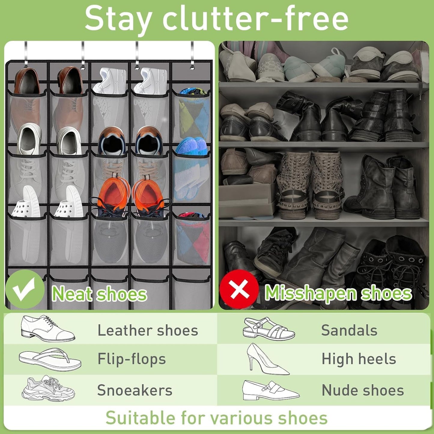 Meolsaek Over Door Shoe Organizer with 24 Breathable Mesh Pockets, Shoe Holder for Door with 4 Metal Hooks, Back of Door Shoe Organizer for Closet, Bedroom, Bathroom, Pantry (Grey - 24)