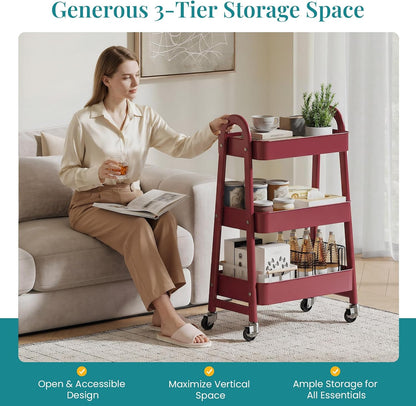 OLIXIS Metal 4 Tiers Utility Rolling Cart, Mobile Storage Shelf with Lockable Caster Wheels, Organization for Livingroom, Bathroom, Kitchen, & Narrow Places, 4-Tier Green