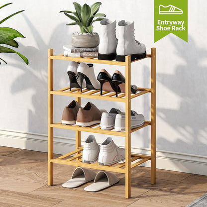 BMOSU 2-Tier Bamboo Small Shoe Rack Premium Stackable Shoe Shelf Storage Organizer for Hallway Closet Living Room Entryway Organizer (Black Bamboo)
