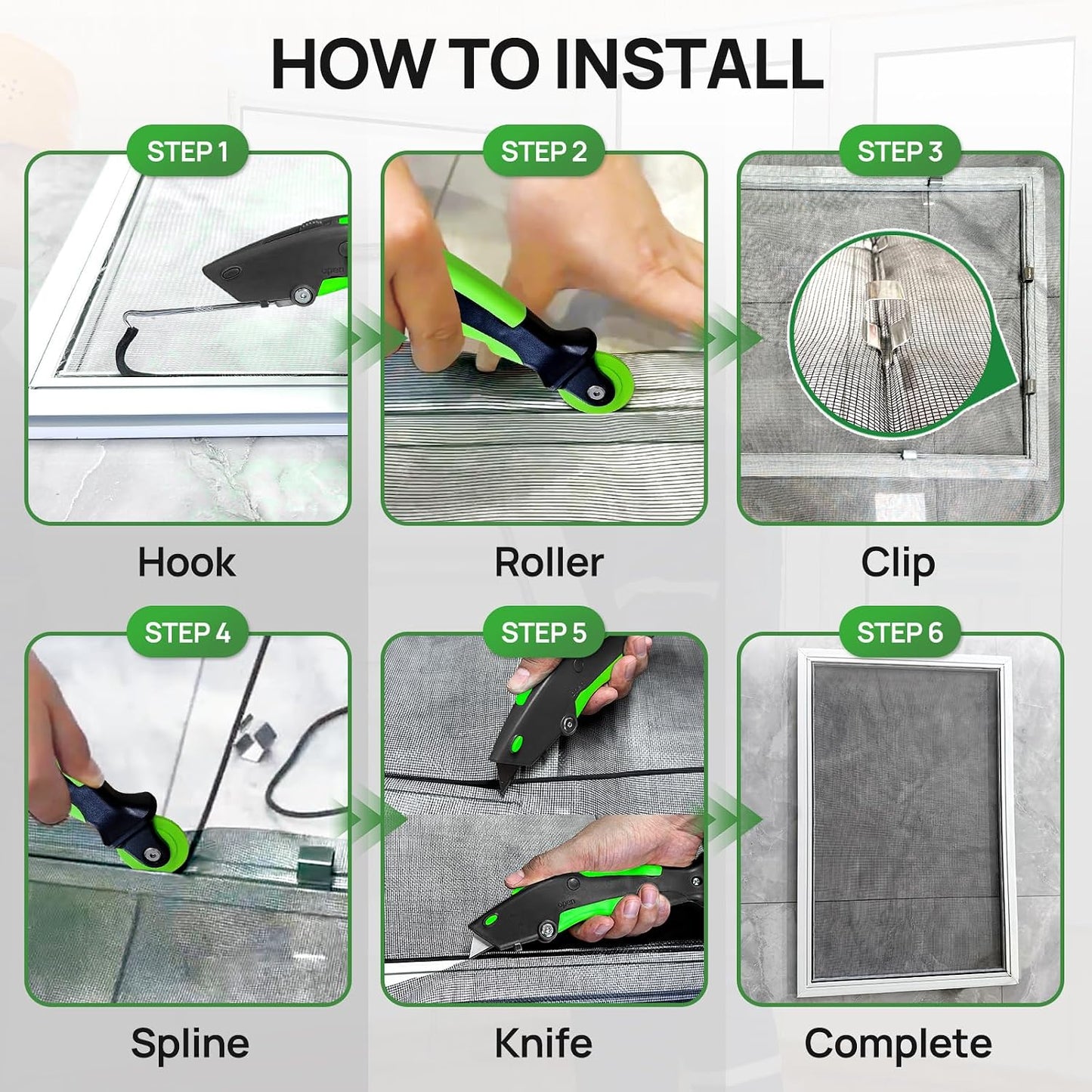 King&Charles Window Screen Door Repair/Replacement Kit, Includes Black Screen Mesh 48"x118"+ Versatile Screen Roller Tool+50Ft Spline+8Clips, Insect Screen, Pet Proof Window Mesh Kit