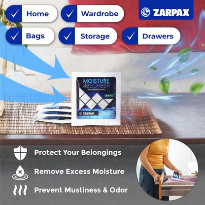 Zarpax Moisture Absorber Sachets Fresh Cotton 1.4 oz/40g - Remove Excess Moisture In Air & Odor - Desiccant Dehumidifier for Closet, Drawer, Safe, Storage - Dampness & Humidity Control - Set of 8