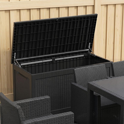MAKINO 152 Gallon Resin Outdoor Storage Box, Waterproof Deck Box with Lockable Lid, Outside Storage Box for Patio Furniture, Pool Accessories, Garden Tools, Storage Bench for Backyard, Porch, Black