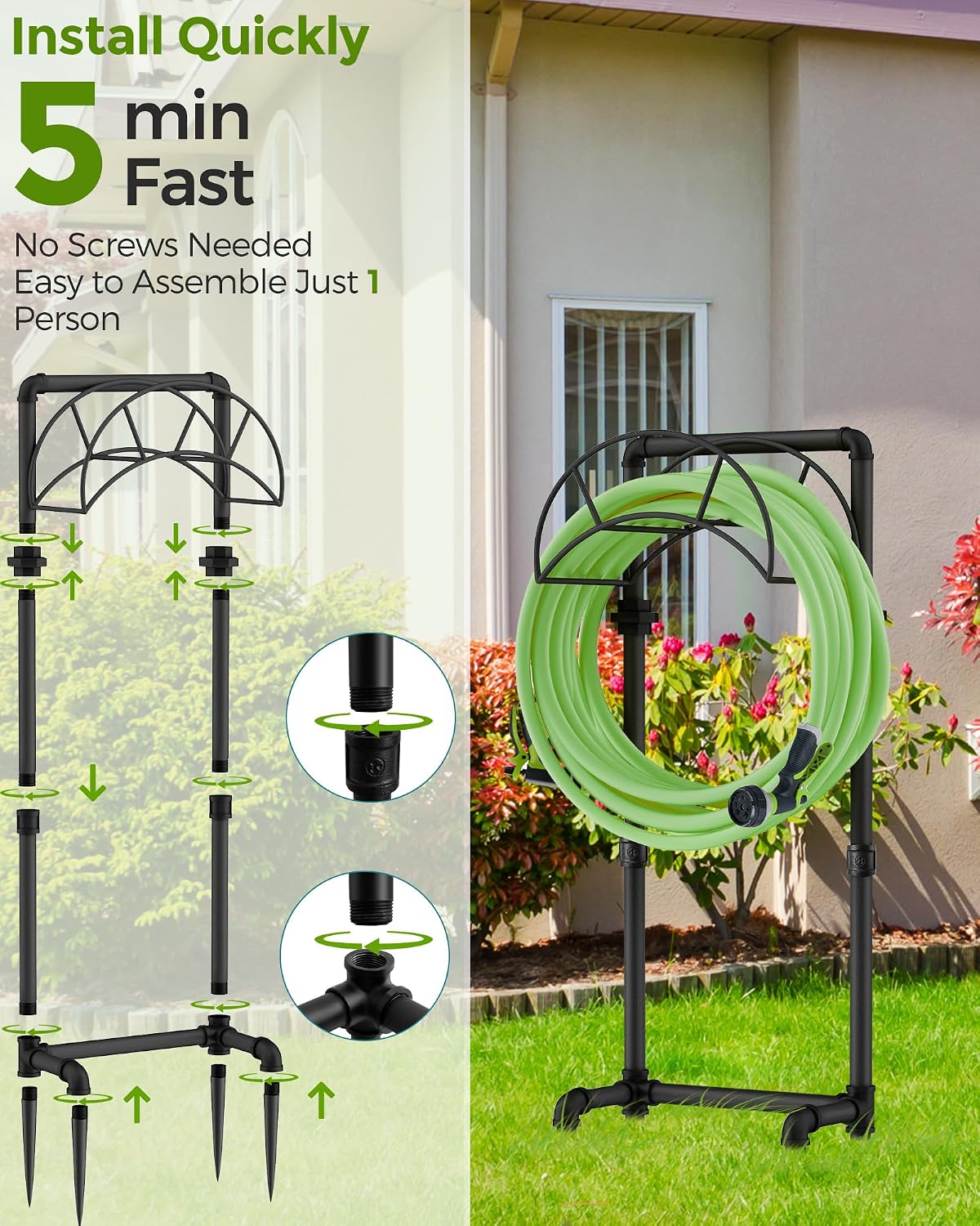 LAND·VOI Freestanding Garden Water Hose Storage Holder Stand for Outside, 160-Ft Hose Heavy Duty Metal Hanger Reel Organizer Outdoor Yard Lawn, Standing Keeper Rack with Ground Stake, Black GHH01B