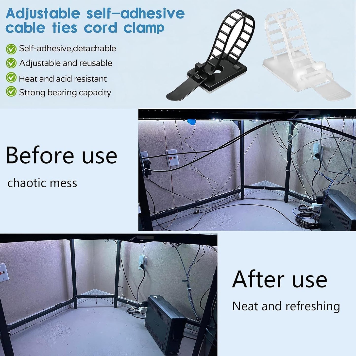 Adjustable Adhesive Cable Management Clips for Desk, Black, 50 Pcs | Large self Adhesive Cable Ties Clips,Suitable for desks or wall adhesive wire organizer extension cord management clips