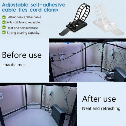 Adjustable Adhesive Cable Management Clips for Desk, Black, 50 Pcs | Large self Adhesive Cable Ties Clips,Suitable for desks or wall adhesive wire organizer extension cord management clips