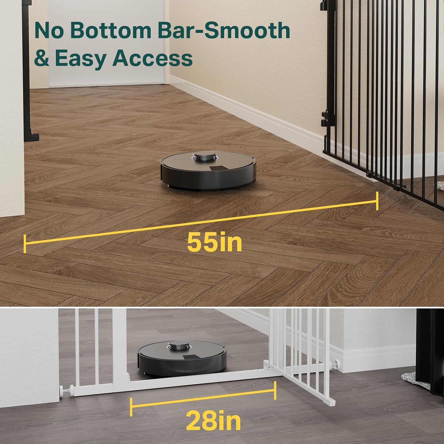 Cumbor 29.2–43" Baby Gate for Stairs, Hardware Mounted (Drill Required), Expandable No Bottom Bar Dog Gate, Auto Close Extra Wide Walk Thru, Pet & Toddler Proof Gate, Top & Bottom of Stairways (White)