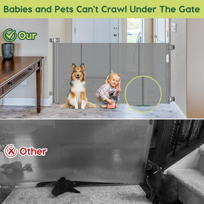Reinforced 55" Wide Retractable Baby Gates with Reinforced Strips, Indoor/Outdoor Retractable Dog Gate for Doorway Prevent Bottom Drilling Through, No Bottom Bar Safety Mesh Baby Gate for Stair, Black