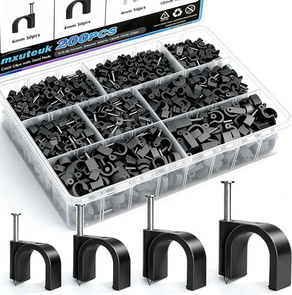 mxuteuk 630PCS Cable Clips with Steel Nails,4/5/6/8/10mm Round and 5/6mm Square White Cable Wire Clips,Wall Clips for Cords,Cable Cord Clips for RG6 RG59 CAT6 RJ45