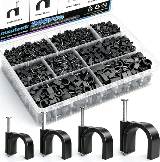 mxuteuk 630PCS Cable Clips with Steel Nails,4/5/6/8/10mm Round and 5/6mm Square White Cable Wire Clips,Wall Clips for Cords,Cable Cord Clips for RG6 RG59 CAT6 RJ45