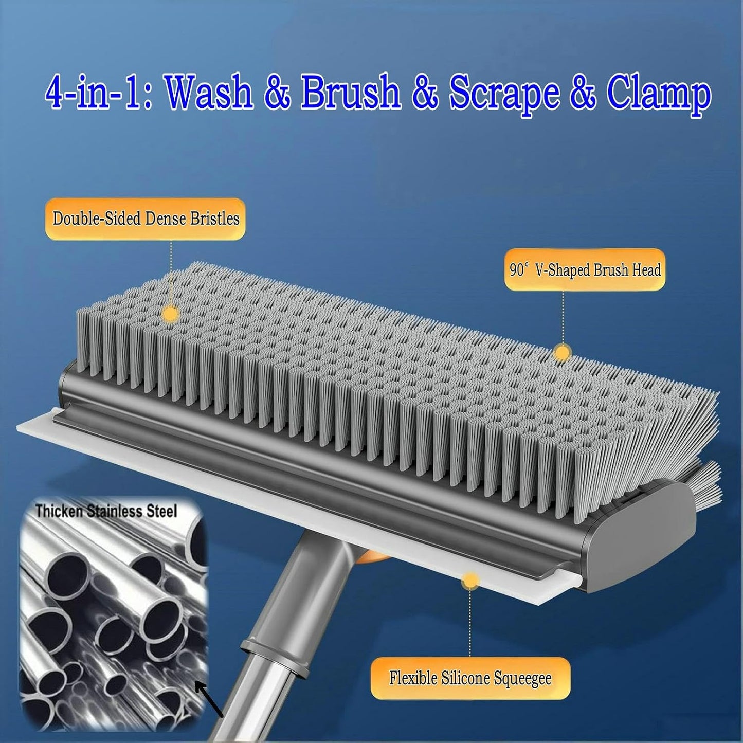 4 in 1 Floor Scrub Brush with Squeegee Long Handle Grout Brush 52'' 2026 Upgraded Multi-Functional Stiff Bristle Cleaning Scrub Brush Rotating Tile Brush for Cleaning Bathroom Patio, Pool, Garage