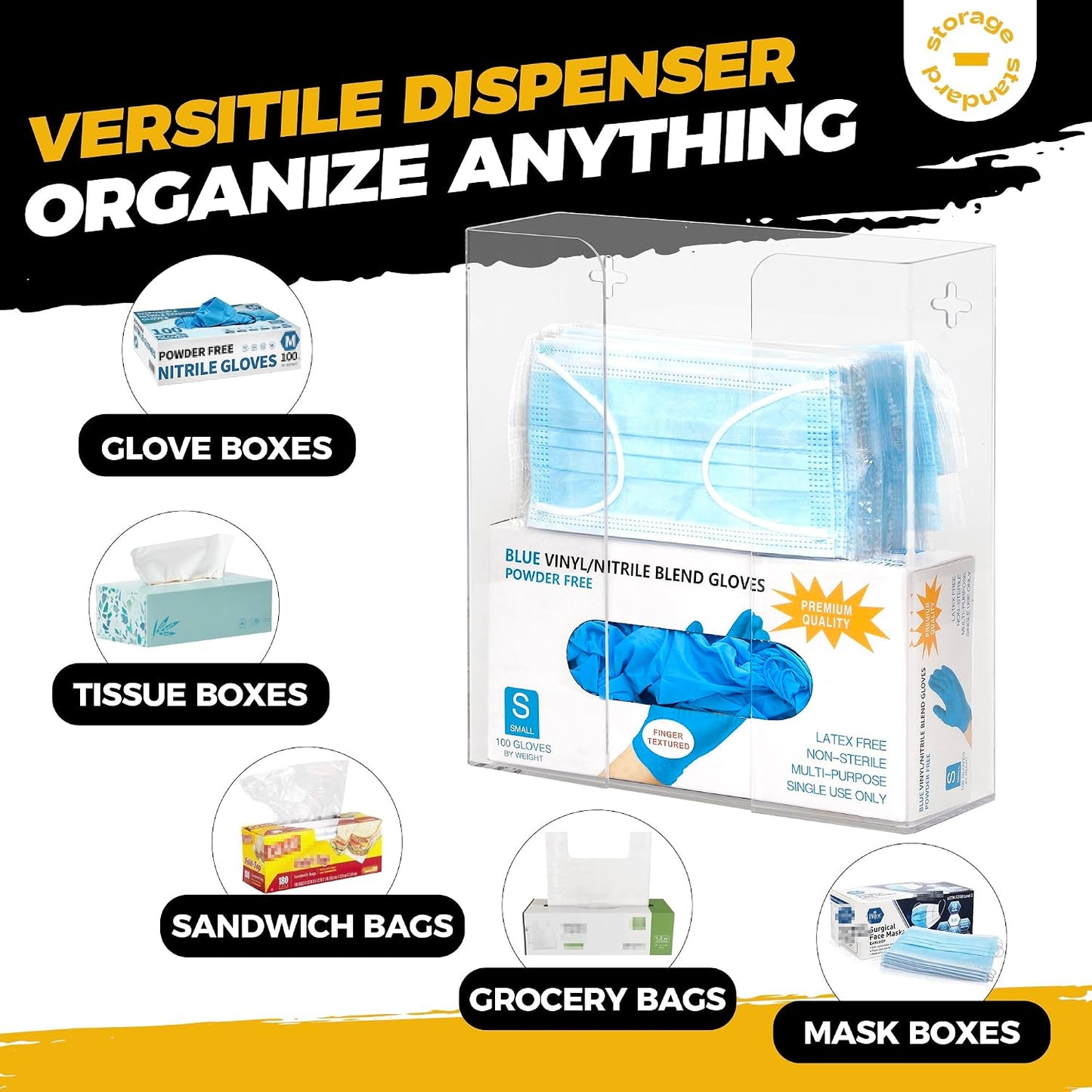 Storage Standard Glove Box Holder Dispenser - Kitchen, Medical, & Latex Gloves Holder Wall Mount or Countertop, Universal Fit - Thick Acrylic, Easy to Use, Slide, & Load Open Top Design - Clear