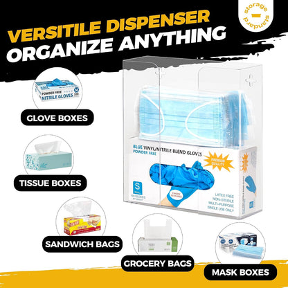 Storage Standard Glove Box Holder Dispenser - Kitchen, Medical, & Latex Gloves Holder Wall Mount or Countertop, Universal Fit - Thick Acrylic, Easy to Use, Slide, & Load Open Top Design - Clear