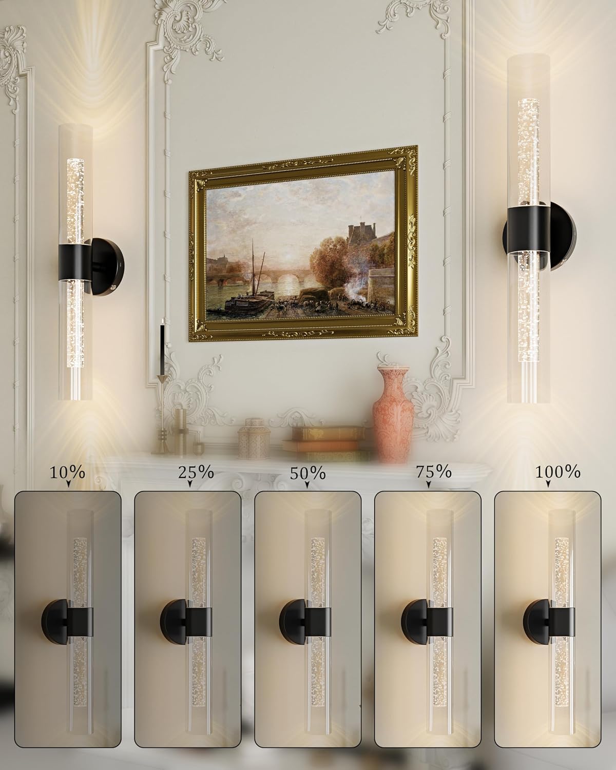 10000mAh Battery Operated Wall Sconce Set of 2, Rechargeable Wireless Wall Lights with Remote Control, Dimmable Timer 3 Color Temperature Glass Wall Lamp for Living Room Bedroom Gold 21.5 Inch