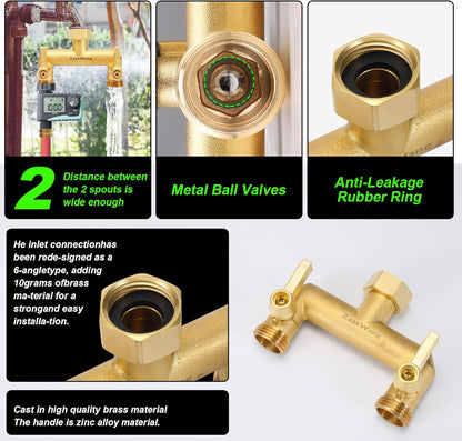 Heavy Duty Brass 2-Way Garden Hose Splitter, 3/4" GHT Threads, Metal Shutoff Valve, Long Handle